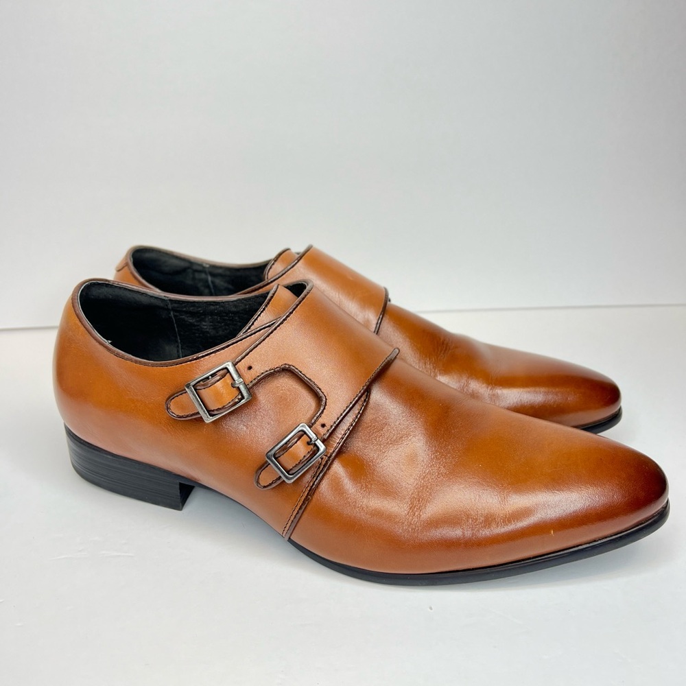 Stacy Adams Mens Cognac Burnished Calfskin Plain Toe Double Monk Strap Shoes 9.5